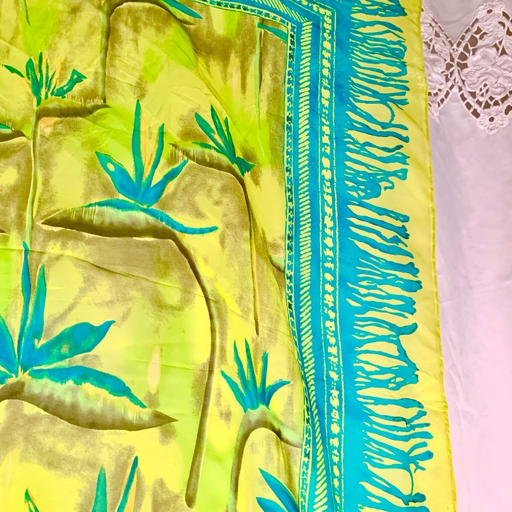 DANA BUCHMAN Silk Scarf shawl Bird of Paradise  Green blue 42” x 42” - Picture 6 of 6